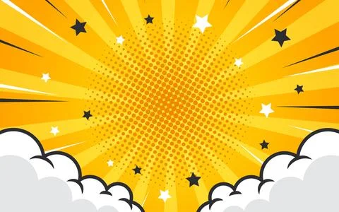 Pop art comic background with halftone colors and cute clouds Stock Illustration