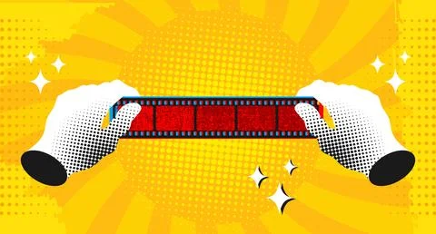 Pop art comic background with hands holding film strip Stock Illustration