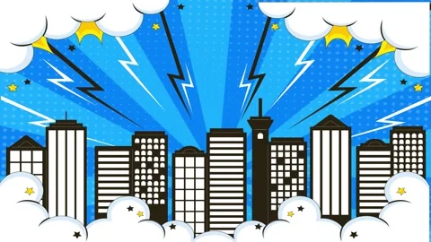 Pop art comic book city skyline background with lightning and clouds Stock Footage 346725056