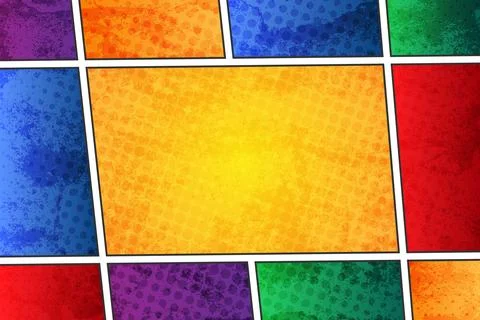 Pop art comic book panel background with colorful halftone pattern and empty cop Иллюстрация