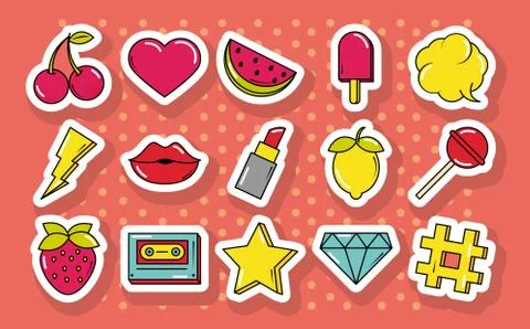 Pop art comic, set of stickers, pins, patches, flat icons Illustrazione stock