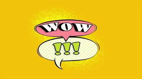 Pop art comic speech bubbles with wow and exclamation marks on yellow backg.. 스톡 동영상 346725058