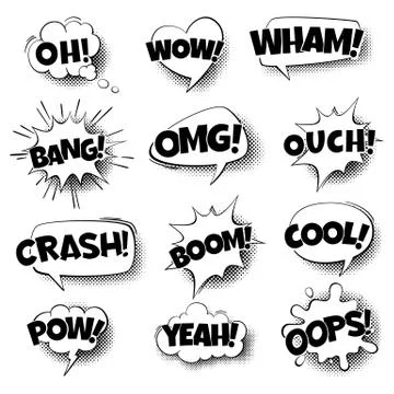 Pop art comic speech bubbles. Retro cartoon talking shapes, text in black and Stock Illustration