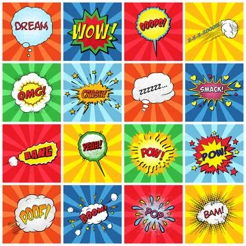 Pop Art Comic Speech Bubbles and Sound Effects Set with Colorful Halftone Stock Illustration