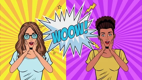 Pop art comic style animation of two surprised young women with wow speech .. Stock Footage 339112075