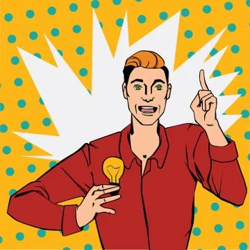 Pop art comic style illustration with man showing lamp Stock Illustration