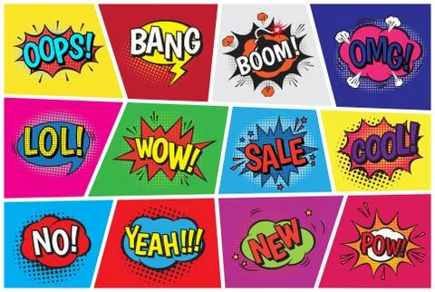 Pop art comic vector speech cartoon bubbles in popart style with humor text boom 스톡 일러스트