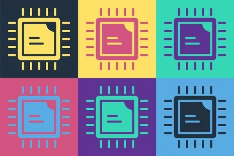Pop art Computer processor with microcircuits CPU icon isolated on color 스톡 일러스트