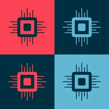 Pop art Computer processor with microcircuits CPU icon isolated on color Stock Illustration