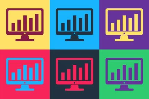 Pop art Computer screen with financial charts and graphs icon isolated on color Stock Illustration