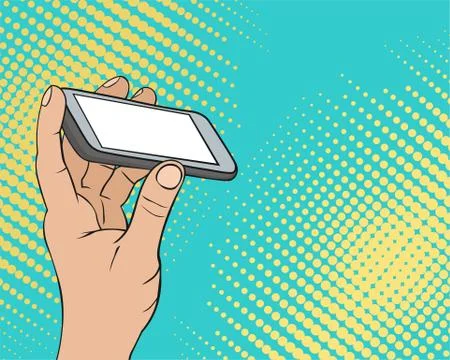 Pop art copyspace background with caucasian male hand holding a smart phone with Stock Illustration