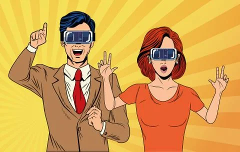 Pop art couple using virtual reality glasses 库存插图