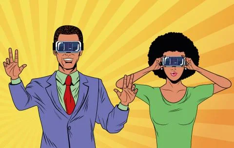 Pop art couple using virtual reality glasses 库存插图