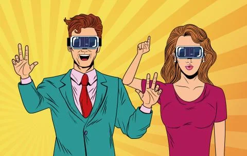 Pop art couple using virtual reality glasses 库存插图