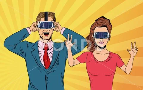 Pop art couple using virtual reality glasses Stock Illustration
