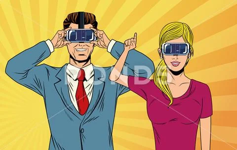 Pop art couple using virtual reality glasses Stock Illustration