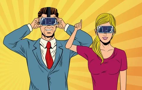 Pop art couple using virtual reality glasses 库存插图