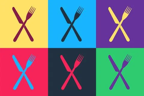 Pop art Crossed fork and knife icon isolated on color background. Restaurant Stock Illustration