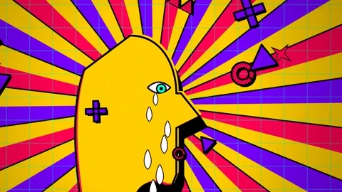 Pop Art Crying Face Animation With Colorful Radiating Background Stock Footage 341174668