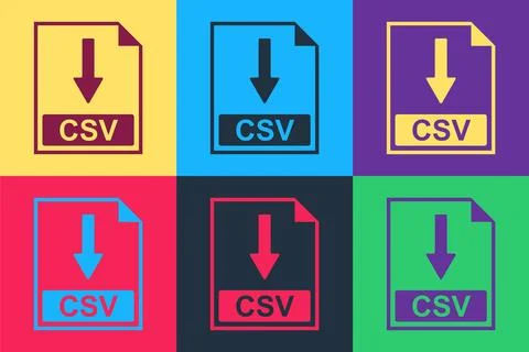 Pop art CSV file document icon. Download CSV button icon isolated on color Stock Illustration