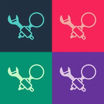 Pop art Debugging icon isolated on color background. Debugging tool. Magnifying Stock-Illustration