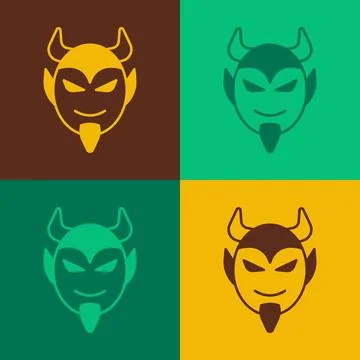 Pop art Devil head icon isolated on color background. Happy Halloween party Illustrazione stock