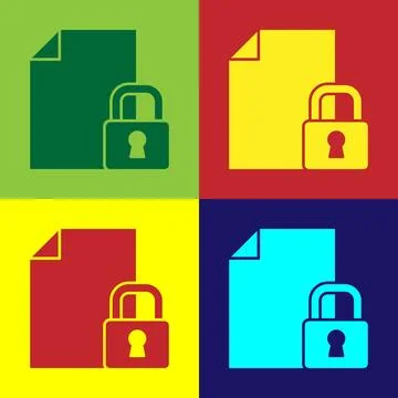 Pop art Document and lock icon isolated on color background. File format an.. Illustrazione stock