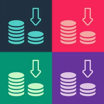 Pop art Dollar rate decrease icon isolated on color background. Cost reduction 库存插图