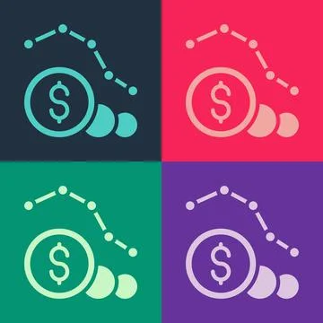 Pop art Dollar rate decrease icon isolated on color background. Cost reduction Illustrazione stock