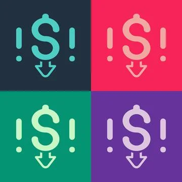 Pop art Dollar rate decrease icon isolated on color background. Cost reduction Illustrazione stock