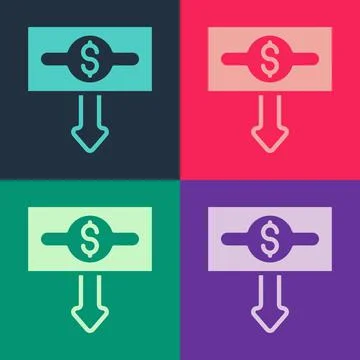Pop art Dollar rate decrease icon isolated on color background. Cost reduction Stockillustratie