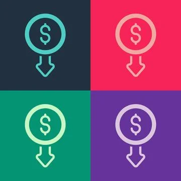 Pop art Dollar rate decrease icon isolated on color background. Cost reduct.. Illustrazione stock