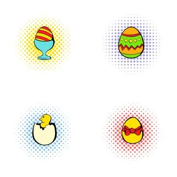 Pop art easter eggs and chick hatching icons Stock Illustration