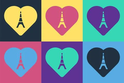 Pop art Eiffel tower with heart icon isolated on color background. France Paris Stock Illustration