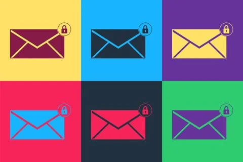 Pop art Email message lock password icon isolated on color background. Envelope Ilustração Stock