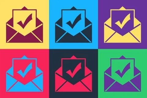 Pop art Envelope with document and check mark icon isolated on color background Illustrazione stock