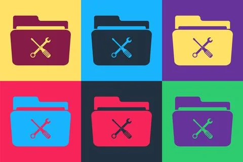 Pop art Folder and tools or settings icon isolated on color background. Folder 스톡 일러스트