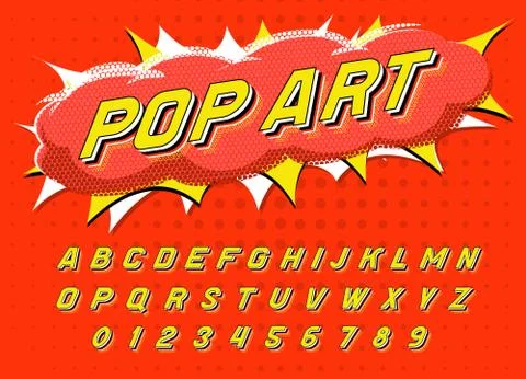 Pop art font for posters. Comic retro game alphabet. Vintage Futuristic 80 s Stock Illustration