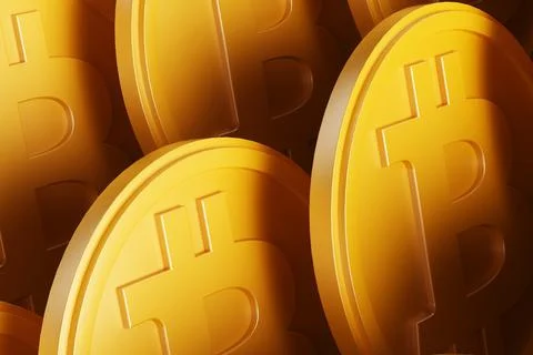 Pop art full frame bitcoin coins isolated on black background. 3d rendering i Stock Illustration