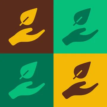 Pop art Hand hold a leaf of the plant icon isolated on color background. Care Stock Illustration