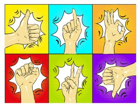 Pop art hands gestures vector illustration. Illustrazione stock