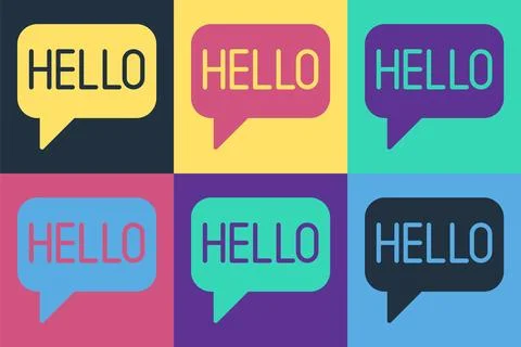 Pop art Hello in different languages icon isolated on color background. Speech Stock Illustration