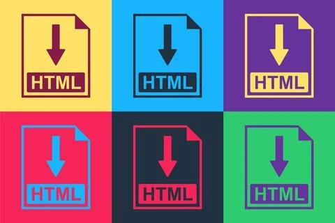 Pop art HTML file document icon. Download HTML button icon isolated on color 库存插图