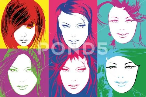 Pop art illustration. Lovely woman faces on a multicolored background. Fashio Stock Illustration