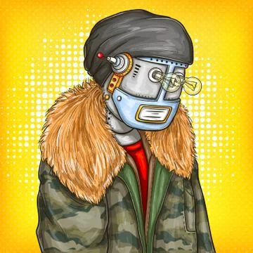 Pop art illustration of robot, android in fashion jacket. Artificial Stock-Illustration