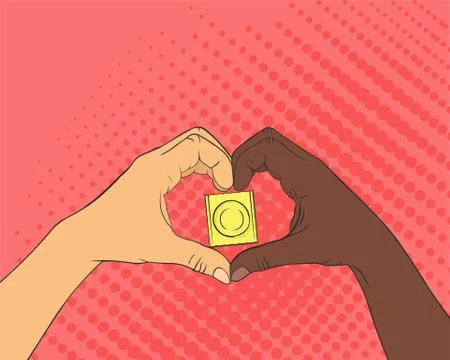 Pop art image of hands in the shape of the heart. Condom inside arms sign. Stock Illustration