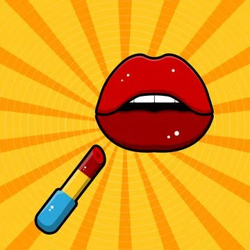 Pop art image of red lips and lipstick. Stock Illustration