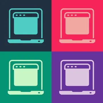 Pop art Laptop with browser window icon isolated on color background. Computer Stock Illustration