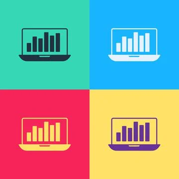 Pop art Laptop with graph chart icon isolated on color background. Report tex Illustrazione stock