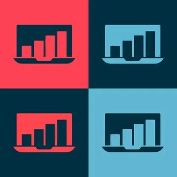 Pop art Laptop with graph chart icon isolated on color background. Report tex Stock Illustration